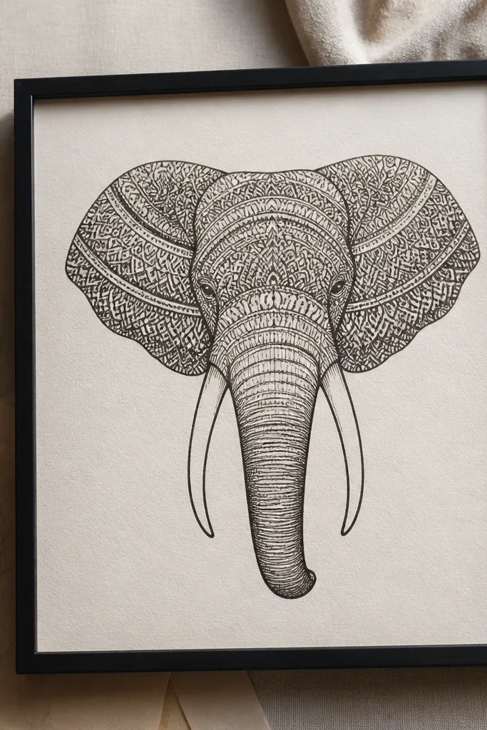 Elephant face line drawing with mandala patterns inside the ear and forehead area.
