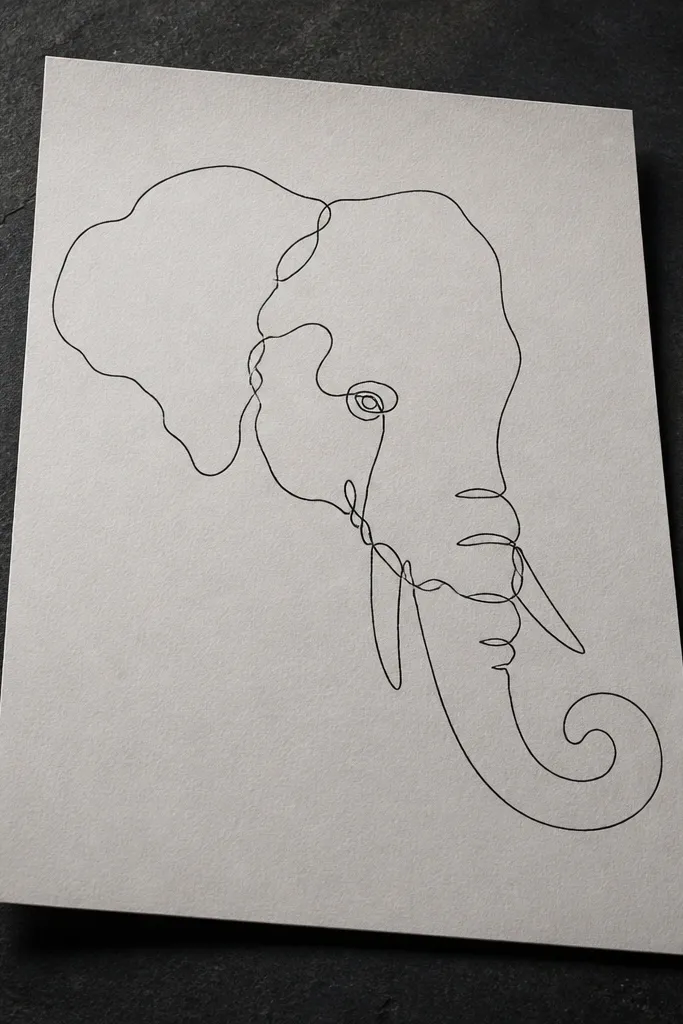 Unbroken contour elephant head line with a few blank background shapes behind it.