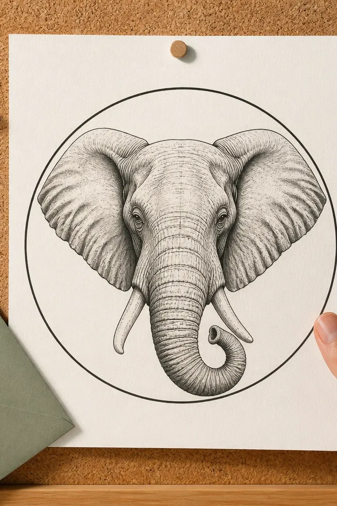 Elephant head line drawing centered inside a thin circle frame.