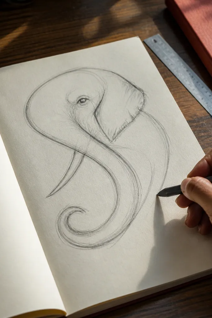Elephant outline where the trunk forms a graceful S-curve across the page.