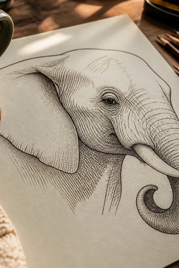 Elephant head line drawing with crosshatch bands on the cheek and trunk.