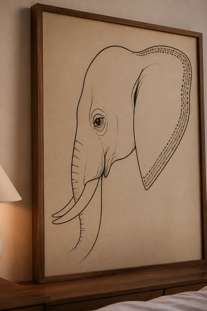 Side profile elephant with a patterned border line running along the ear edge.