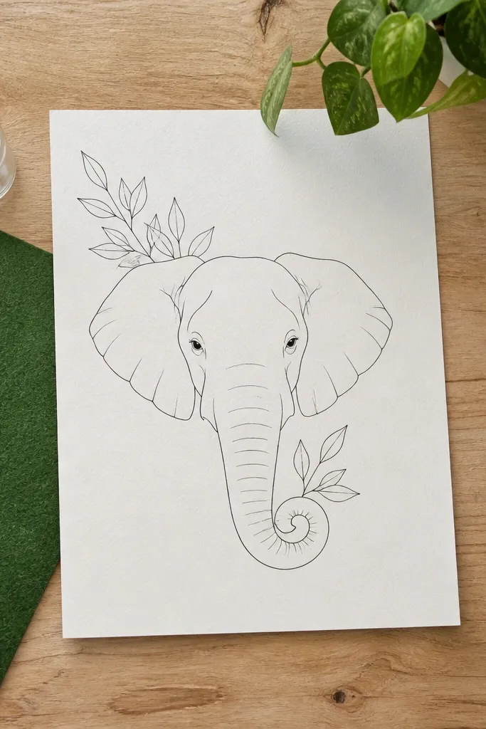 Elephant head outline with simple leaf sprigs drawn around the ear and trunk.