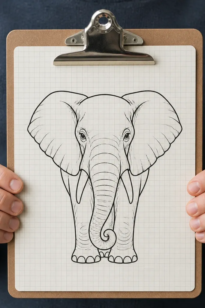 Elephant line drawing with faint grid lines visible behind the inked elephant.