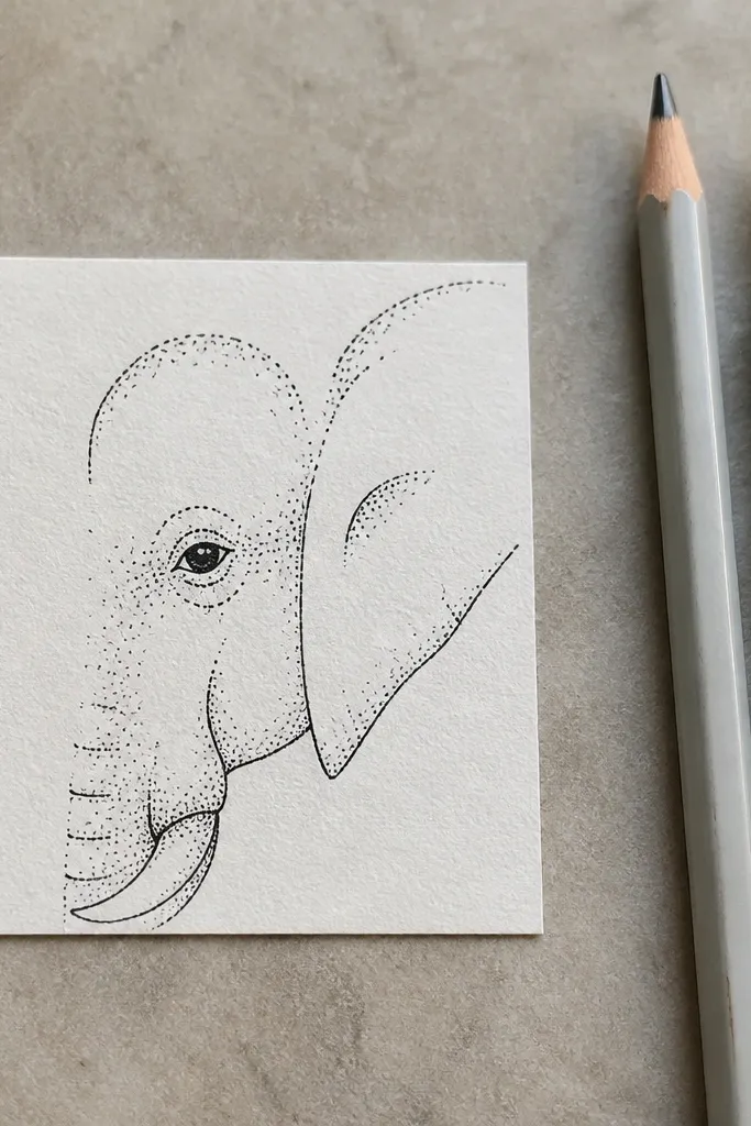 Minimal elephant face outline with small dot clusters near the eye and trunk.