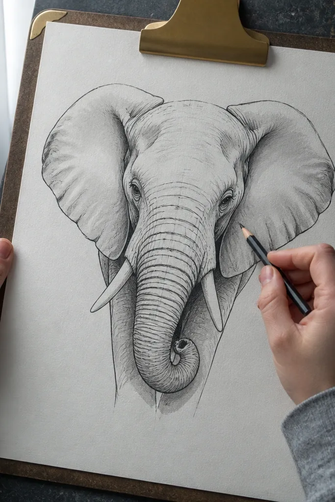 Black ink outline elephant with soft grey graphite shading and crisp highlights on tusks