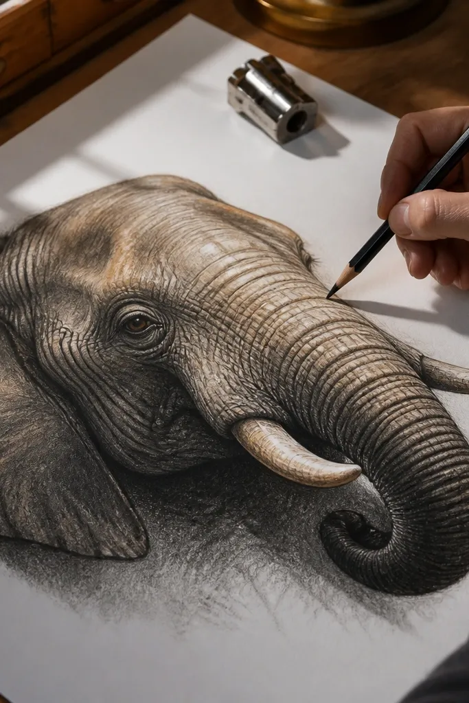 Grey and warm beige elephant with smooth burnished pencil glow on the trunk and cheek