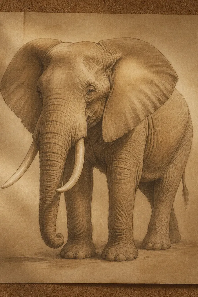 Sepia ink wash elephant with pencil-drawn wrinkle seams and darker cast shadow under chin