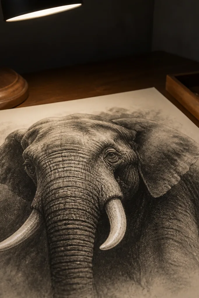 Charcoal elephant with crisp white pencil highlights along tusk edges and trunk ridges