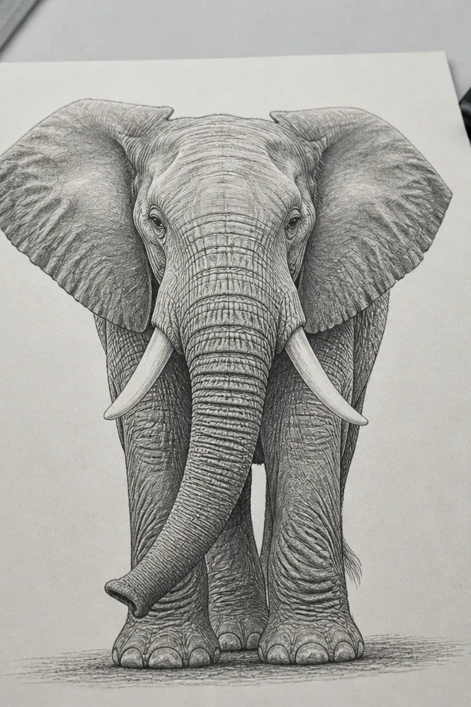 Graphite elephant with fine micro-shading on wrinkles and smooth trunk transitions