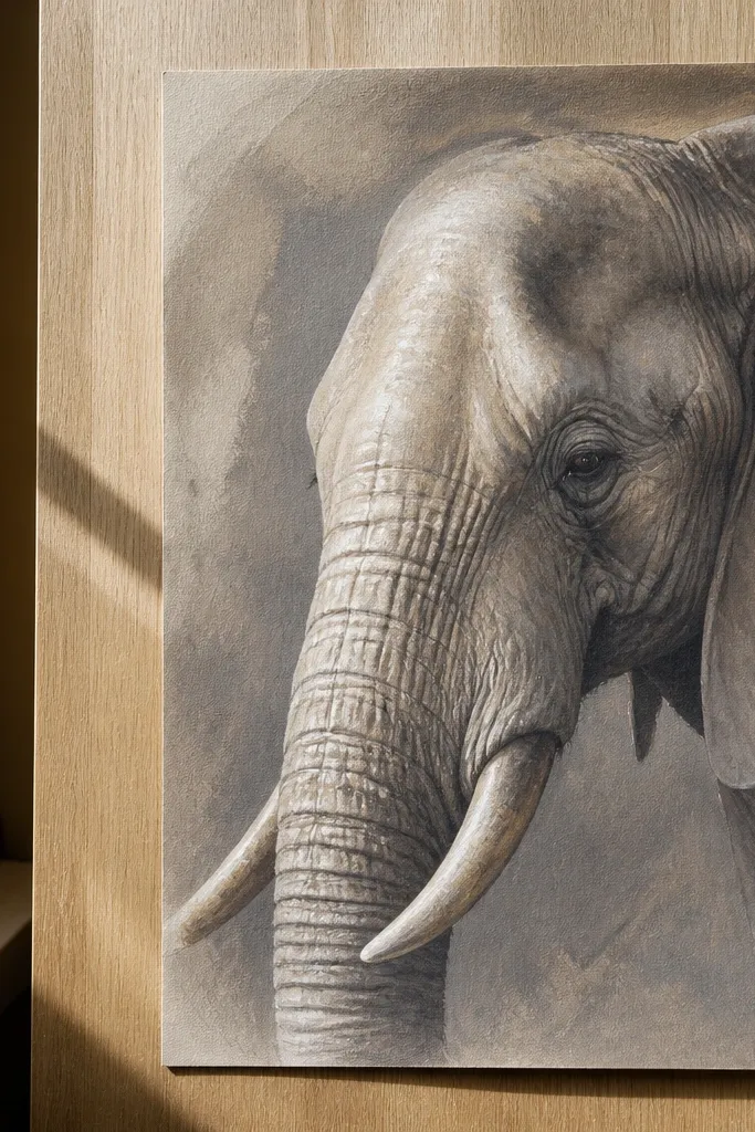 Warm grey elephant with opaque white gouache highlights on tusks and wrinkle ridges