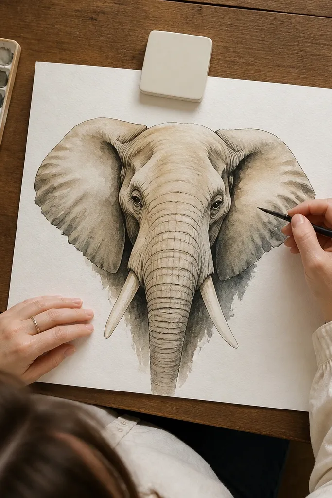 Light watercolor elephant with ink lines defining shadows under chin and around wrinkles