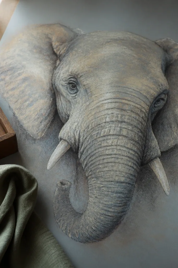 Graphite elephant underlayer with soft pastel skin veil and subtle dusted shadows