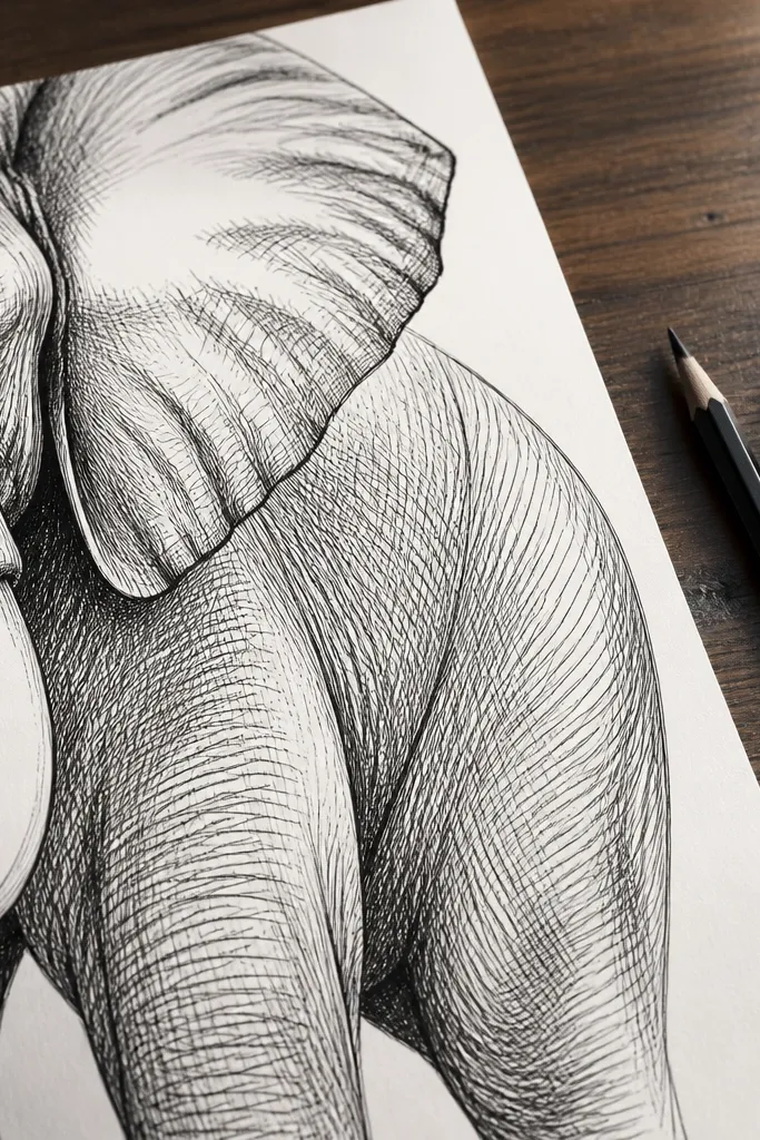 Black ink elephant with varied line thickness on wrinkles and a clean white highlight on tusks