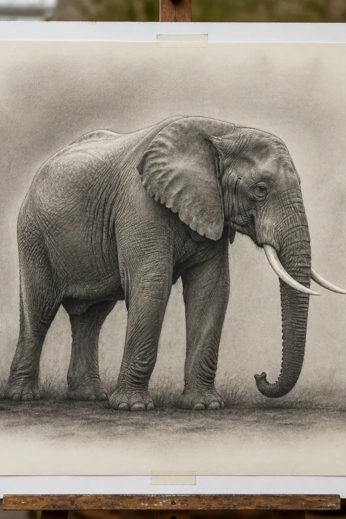 Charcoal elephant with soft smudged shading and a clean, lighter background gradient