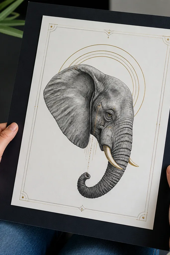 Elephant drawing with metallic gold linework framing tusks and wrinkles with warm glow
