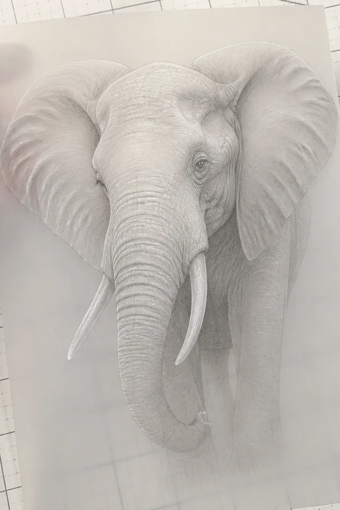 Pencil elephant with crisp white gel pen highlights on tusks, wrinkles, and eye catch