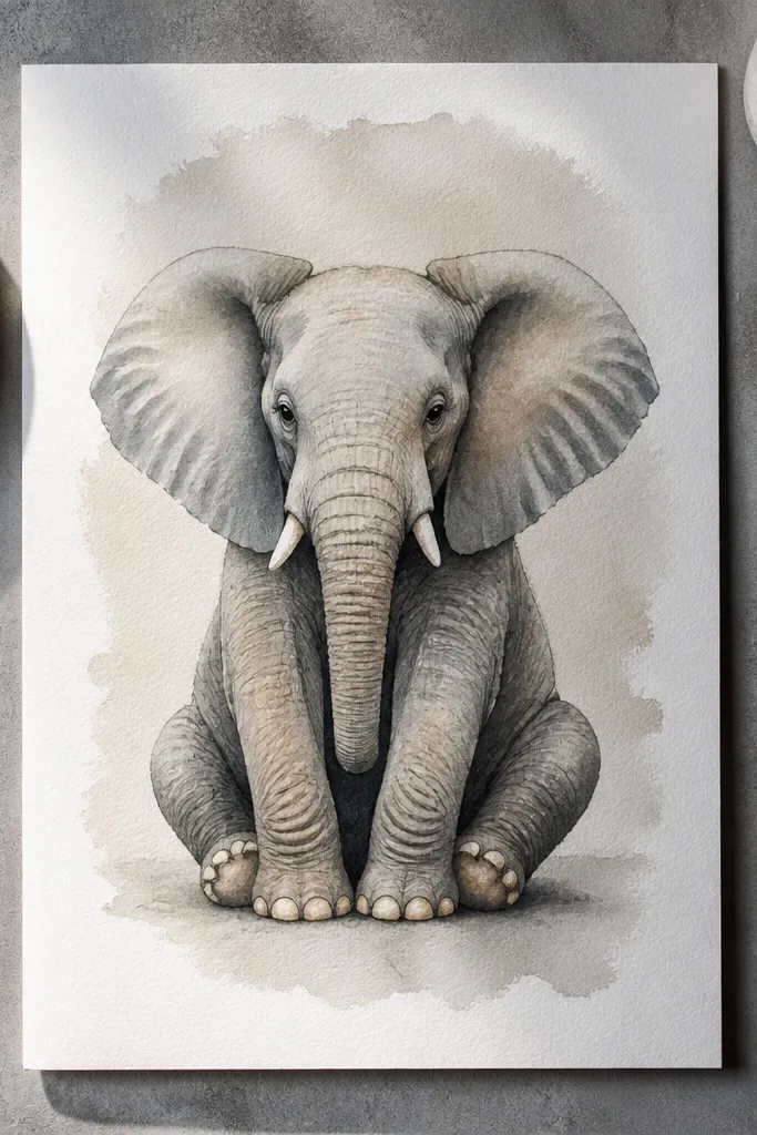 Elephant with grey body shading and a two-tone background wash behind the head