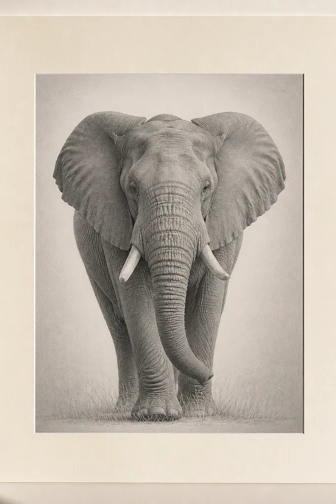 Graphite elephant inside a crisp ruler border with a soft vignette fade at corners