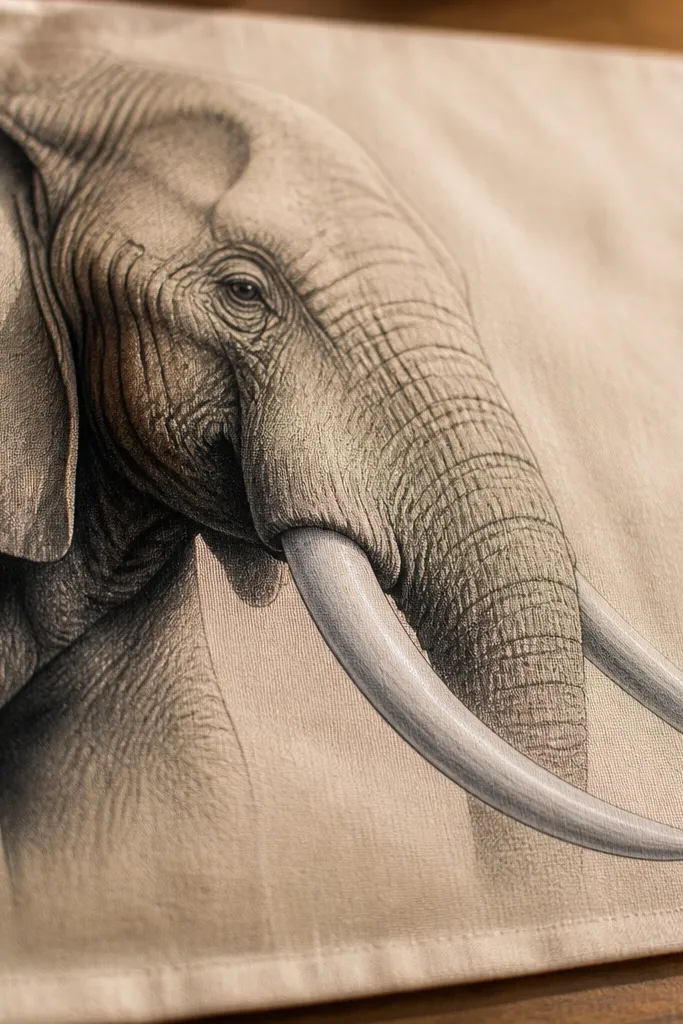 Elephant tusks shaded in cool greys with warm undertone shadows under ear and chin