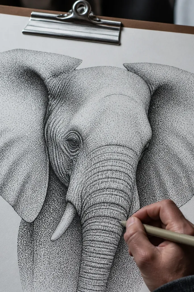 Ink-dotted shading on elephant ears with smooth transitions and bright trunk highlights