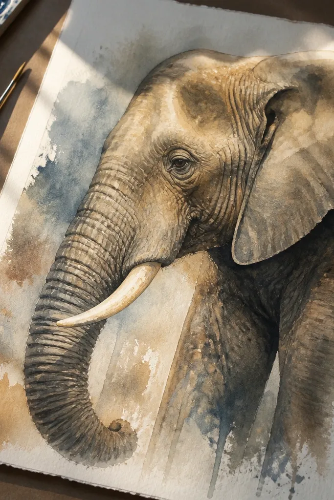 Layered watercolor elephant with glossy glazes and dry-brushed wrinkle peaks on trunk