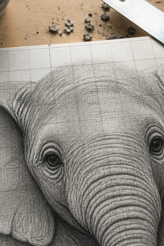 Pencil grid baby elephant face with three tones and clean highlight on wrinkles