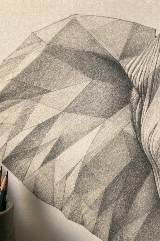 Elephant ear drawn as overlapping planes with smooth pencil gradients