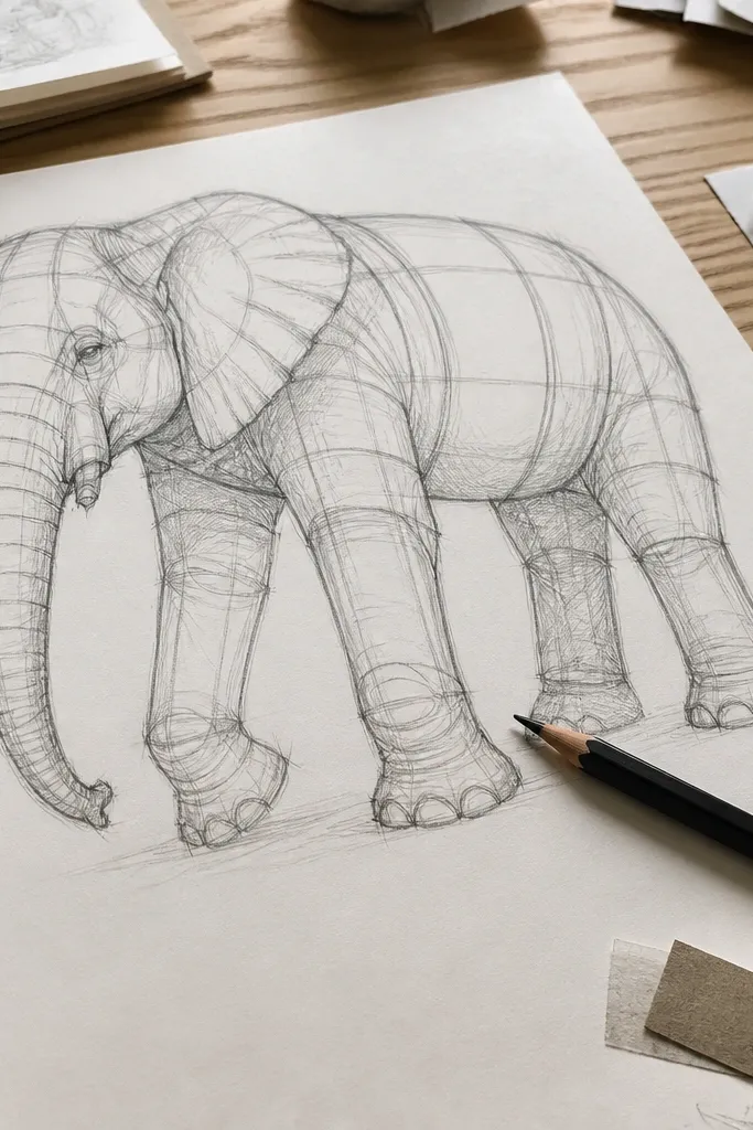 Elephant torso and legs built from cylinders with wrinkle stripes