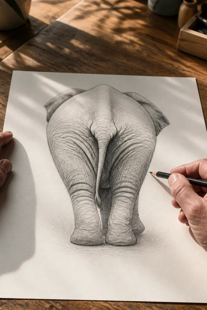 Back-facing elephant hips with fold shadows and a soft vignette