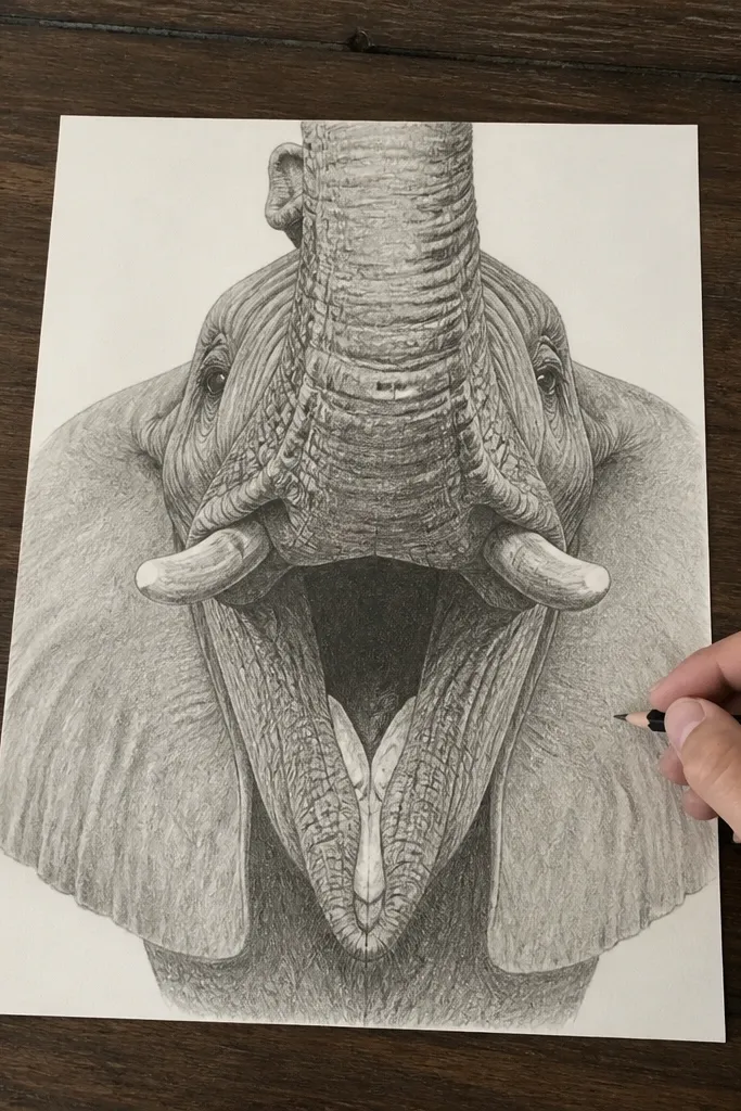 Front-facing elephant head with trunk and mouth, teeth shown by negative space