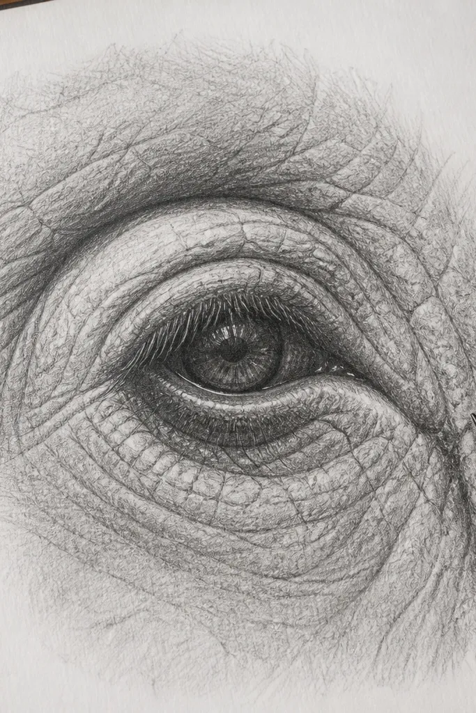 Elephant eye with eyelid shadow and controlled pencil values