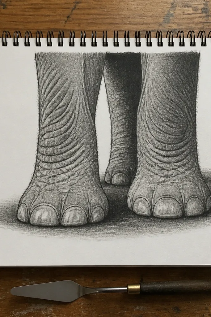 Elephant standing legs with toe shapes and a dark hoof shadow