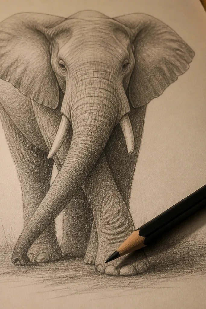 Elephant with trunk crossing legs, showing cast shadows and clear overlap
