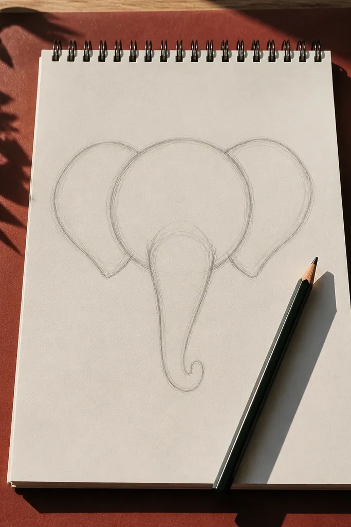 Elephant head with only silhouette shapes for ear and trunk, clean pencil shading