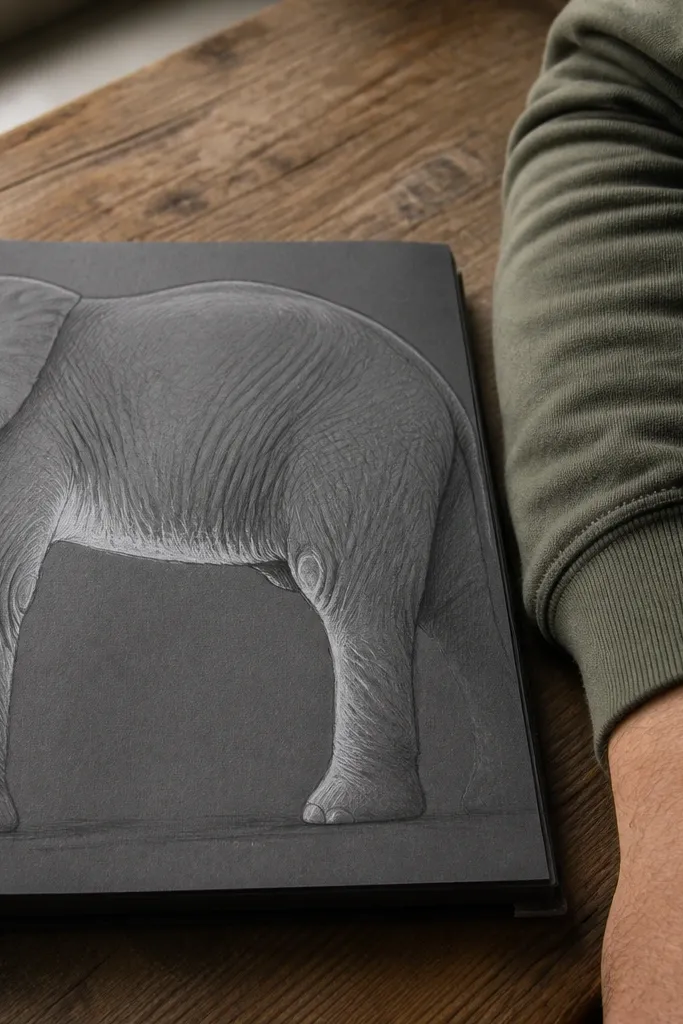 Side-body elephant with a bright belly highlight corridor and deep belly shadow