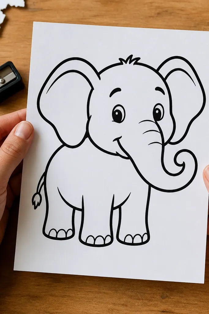 Simple cartoon elephant outline with a curled trunk and leaf-shaped ear fold line