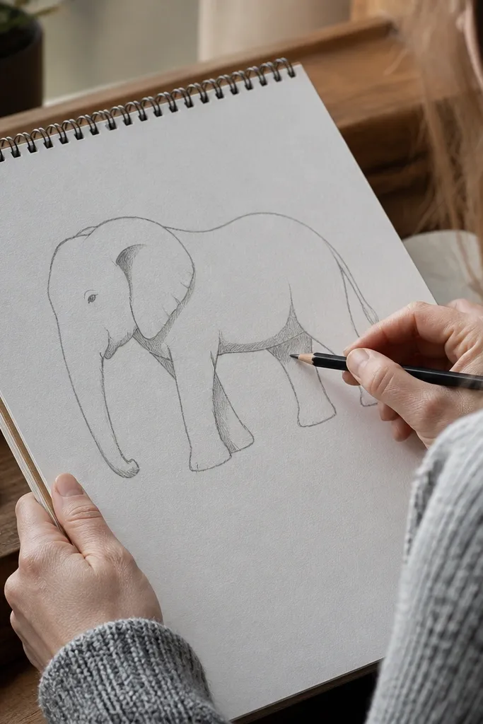 Elephant drawing with dot eye, curled trunk, ear fold line, and three dark shadow spots
