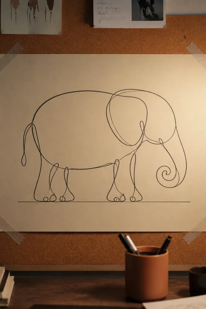 Side-view elephant outline with trunk curling forward and simplified leg shapes