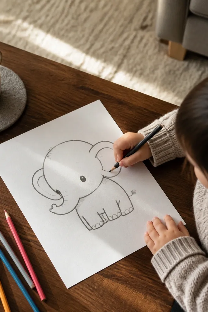 Cute baby elephant drawing with larger head oval and short curled trunk
