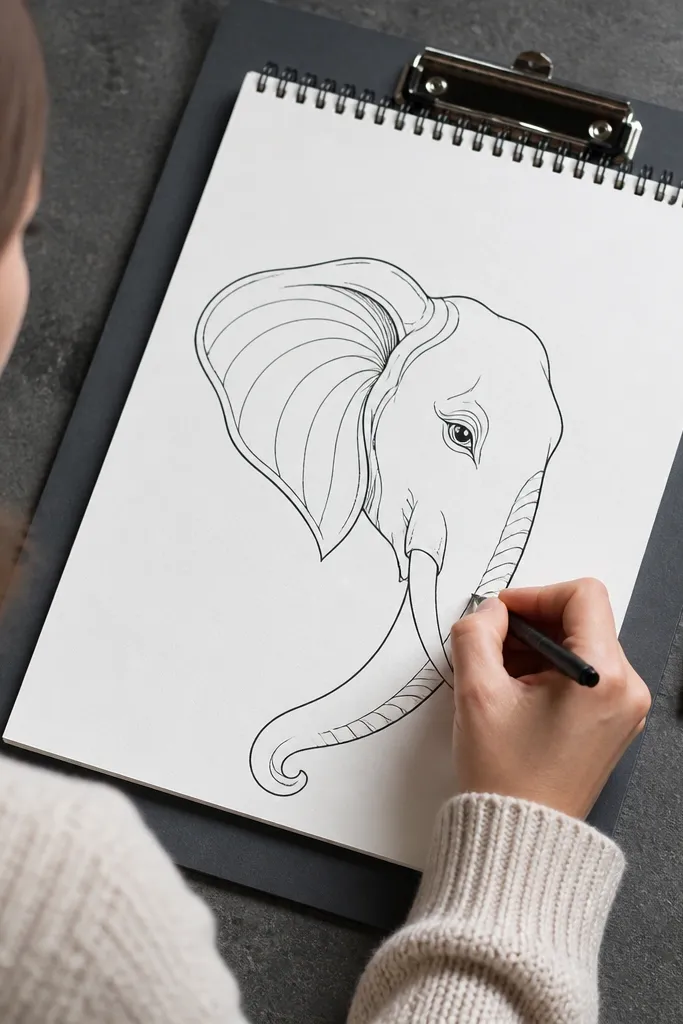 Elephant outline with rhythmic contour lines and ear fold detail