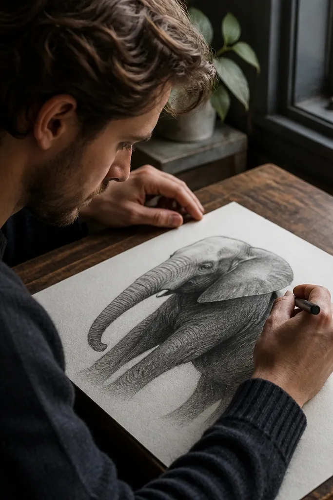 Elephant drawing with strong shadows under chin and belly and ear fold darkness