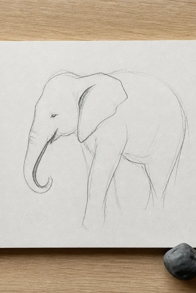 Loose 2B pencil elephant sketch with curled trunk and ear fold line