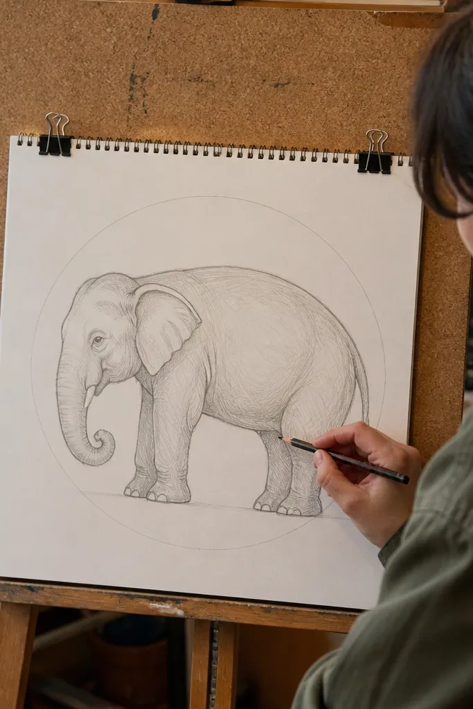 Elephant outline inside a circle with trunk curling upward and ear fold detail
