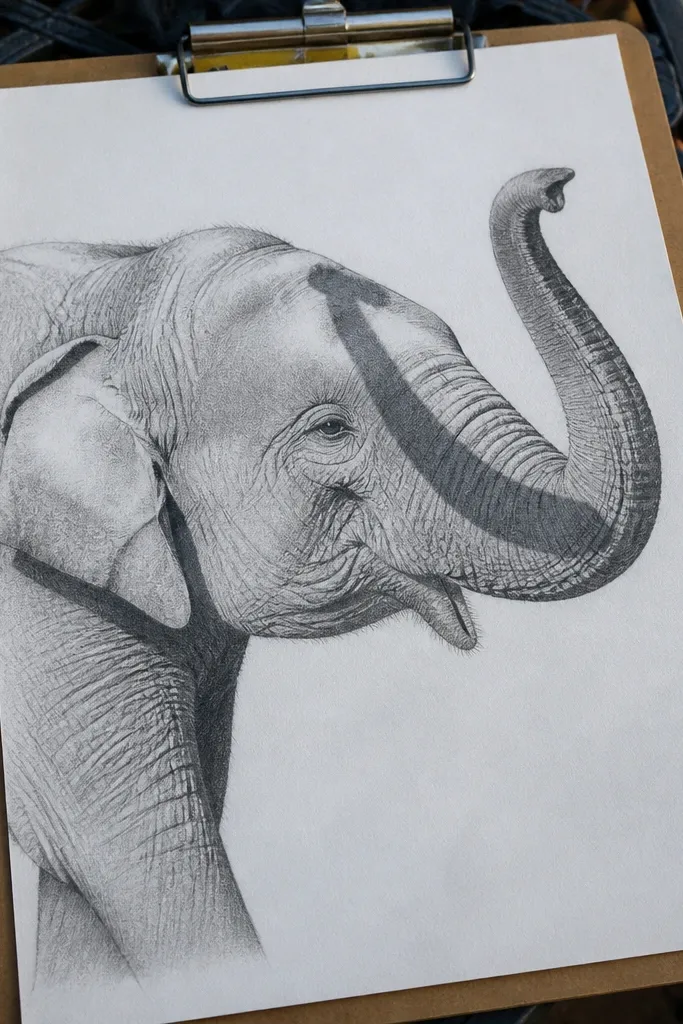 Elephant side profile with lifted trunk, smooth shading, and bright wrinkle highlights.