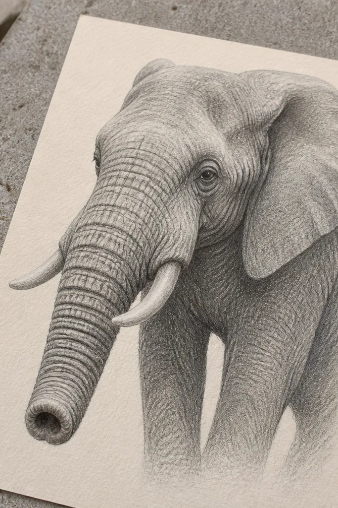 Three-quarter elephant view with deep eye socket and dark nostril shading.