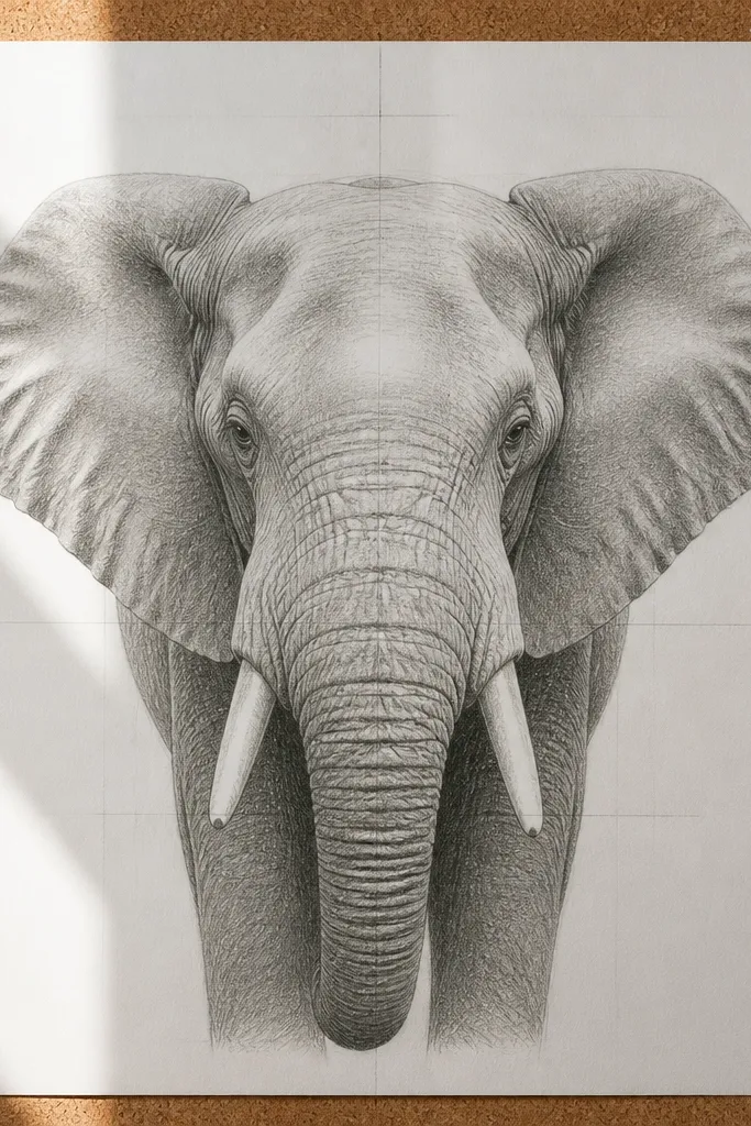 Front-facing elephant with centered forehead, gentle center highlight, and balanced shading.