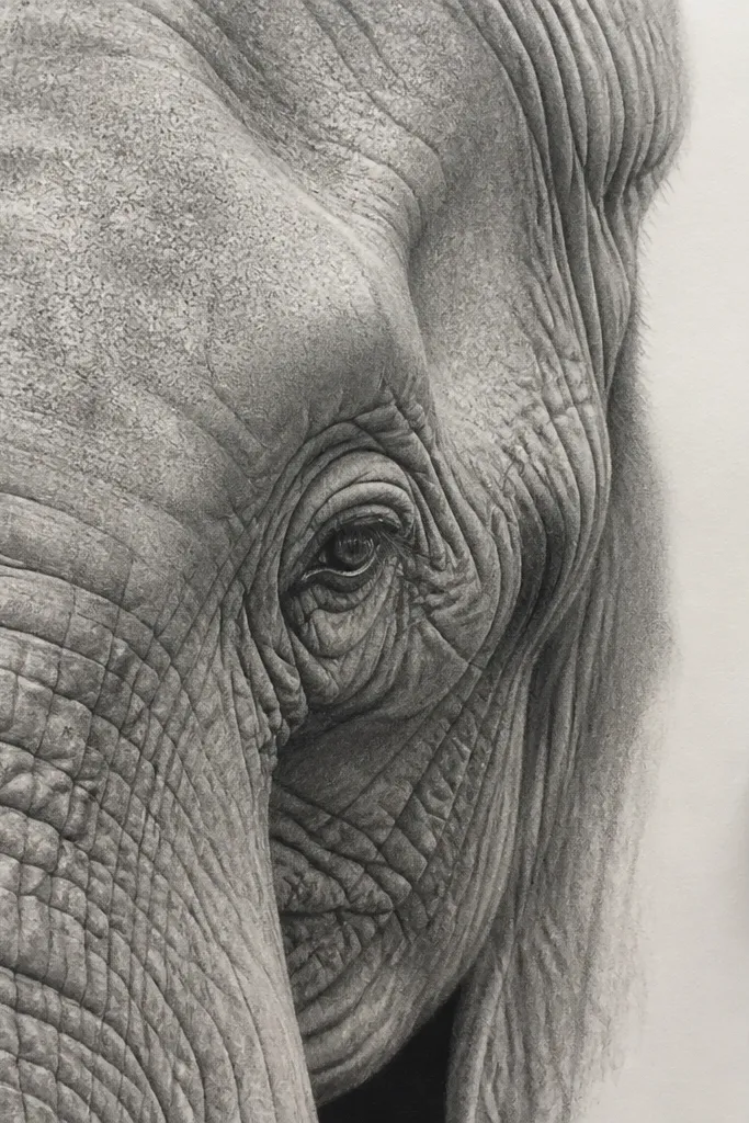 Elephant head close study with layered wrinkles and smooth skin transitions.