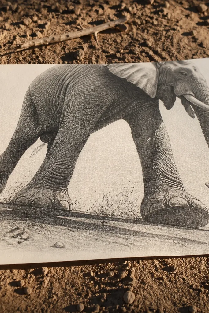 Elephant walking with one lifted leg, dusty ground, and strong leg shadows.