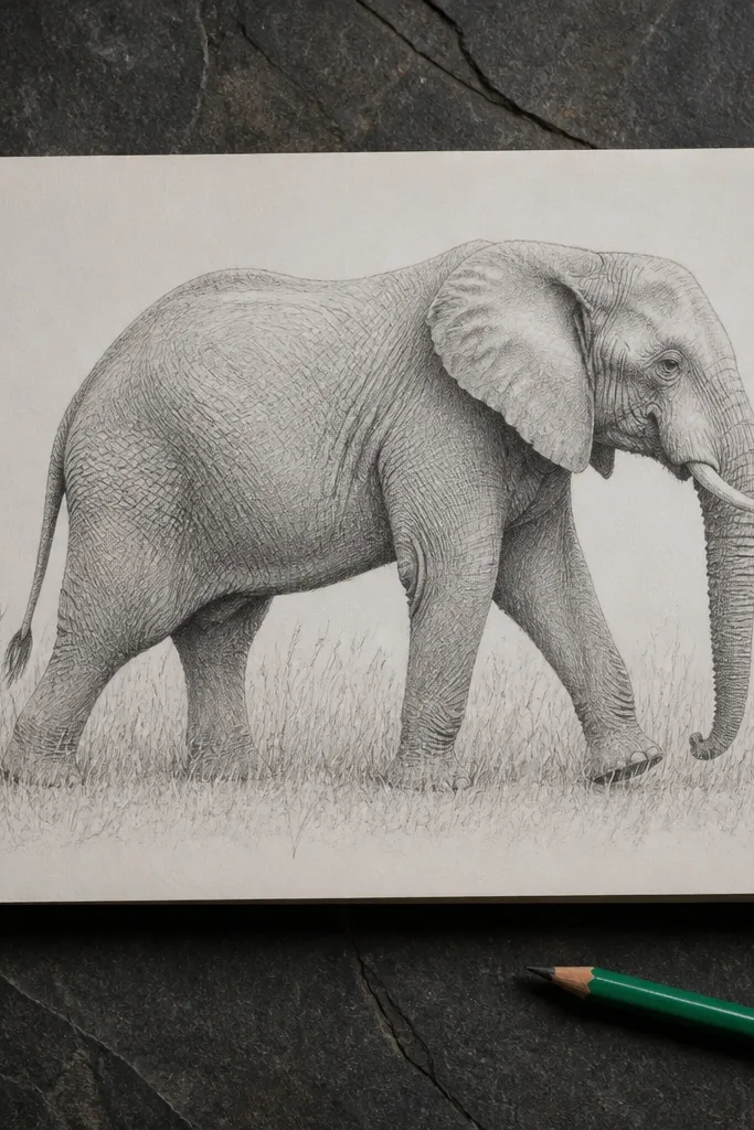 Elephant profile in front of simple grass shapes with contrast shading.